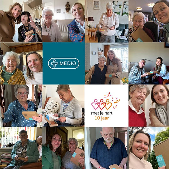 medewerkers van mediq en vrolijke ouderen in een collage